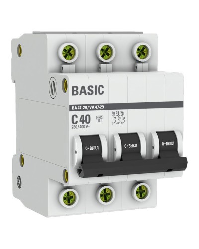 Автоматический выключатель 3P 40А (C) 4,5кА ВА 47-29 Basic (mcb4729-3-40C). Автоматический выключатель. EKF в Коврове