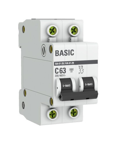 Автоматический выключатель 2P 63А (C) 4,5кА ВА 47-29 Basic (mcb4729-2-63C). Автоматический выключатель. EKF в Коврове