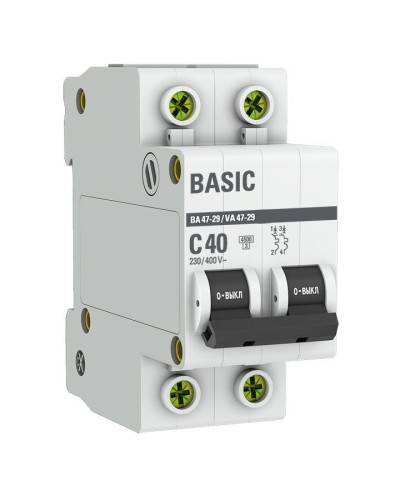 Автоматический выключатель 2P 40А (C) 4,5кА ВА 47-29 Basic (mcb4729-2-40C). Автоматический выключатель. EKF в Коврове