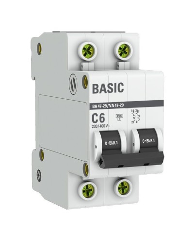 Автоматический выключатель 2P 6А (C) 4,5кА ВА 47-29 Basic (mcb4729-2-06C). Автоматический выключатель. EKF в Коврове