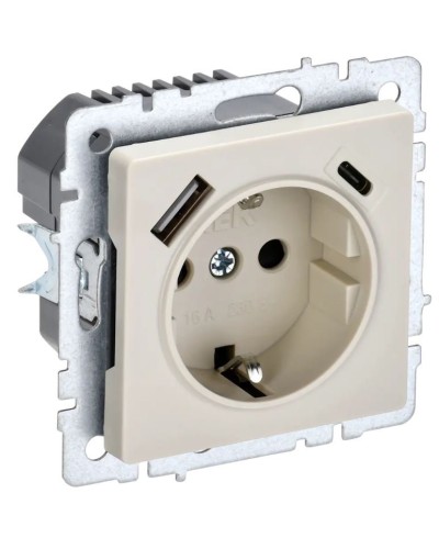Розетка с з/к с USB A+C 18Вт РЮш11-1-БрКр бежевый BRITE (BR-R14-16-U22-018-K10). Розетка с заземлением с защитными шторками, 18Вт. IEK в Коврове