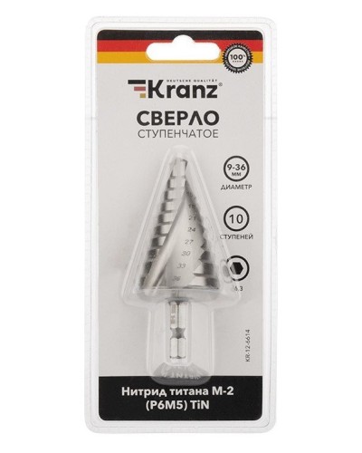 Сверло по металлу ступенчатое ТИТАН 9,0-36,0 мм 110 mm 65 HRC Р6М5 TiN Kranz (KR-12-6614): Сверло по металлу шлифованное в Коврове