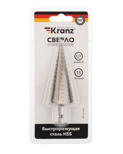 Сверло по металлу ступенчатое 4,0-32,0 мм 102 mm 62 HRC Kranz (KR-12-6603): Сверло по металлу шлифованное в Коврове